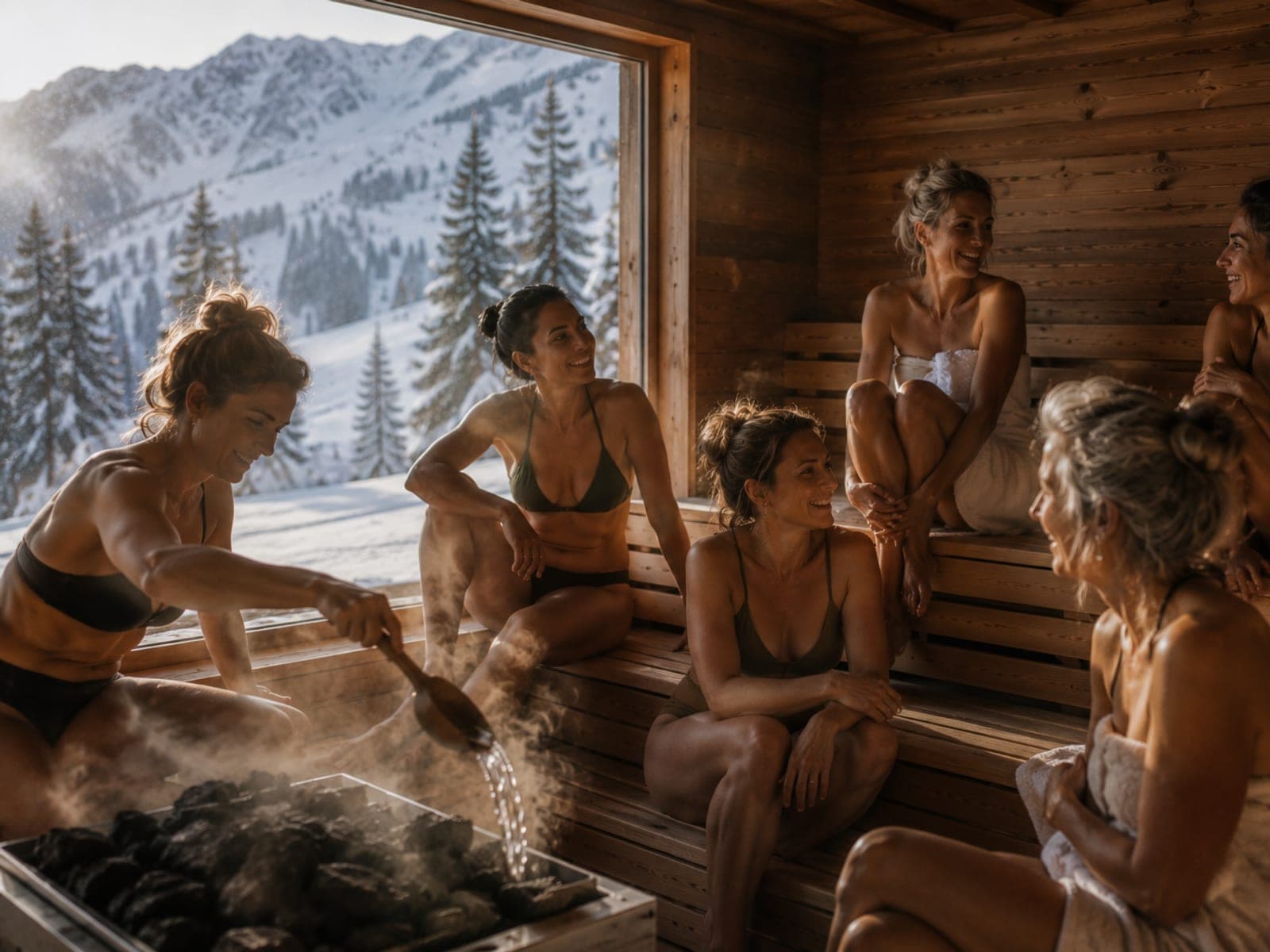Women skiing together down a sunlit alpine slope at a Body & Soul ski retreat.