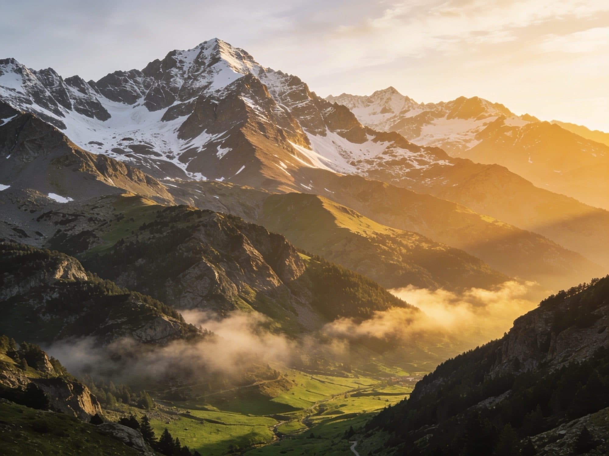 The mountains of Andorra in the Pyrenees at sunrise, a Body & Soul team trip destination.