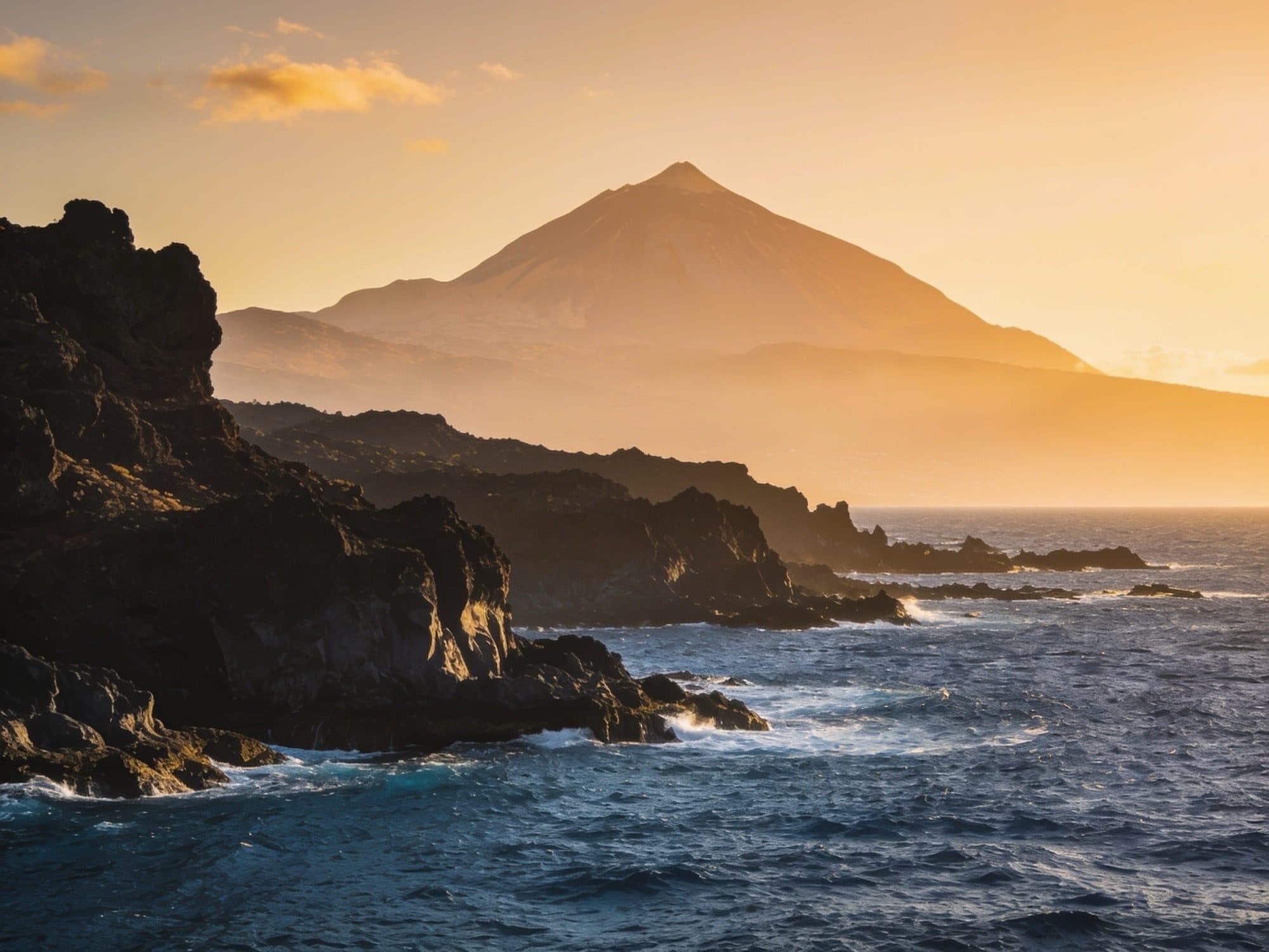 Tenerife at golden hour, Mount Teide rising over the Atlantic coast, a Body & Soul team trip destination.