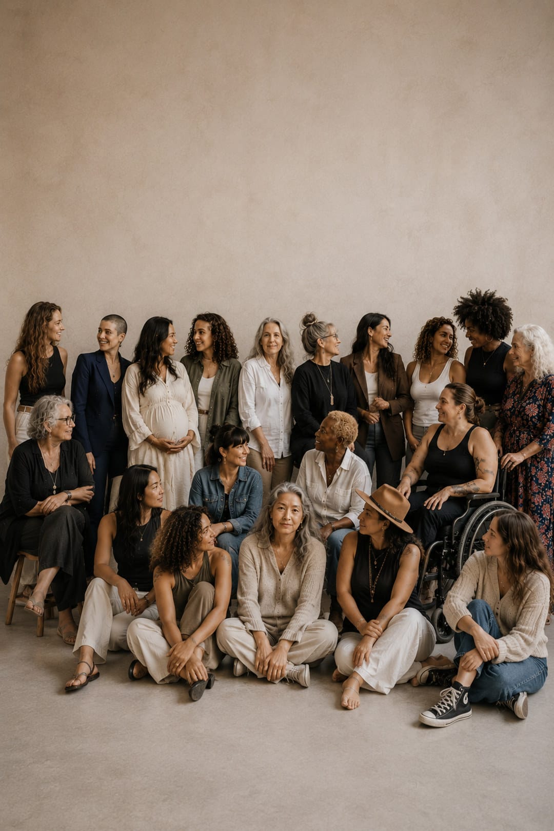 A large gathering of women of every age and background together against a warm studio wall.