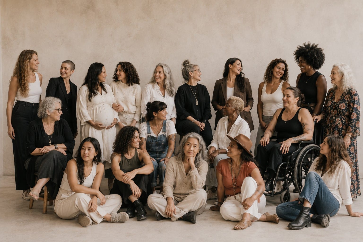 A large gathering of women of every age and background together against a warm studio wall.